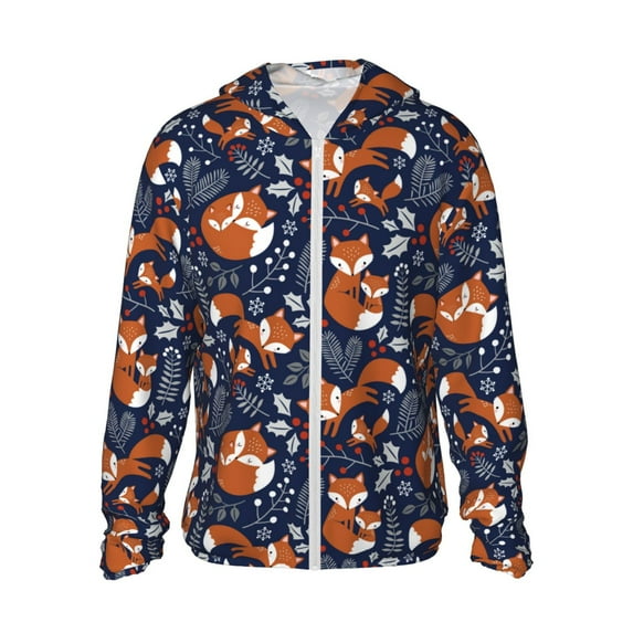 Goofa Vintage Blue Fox Family Printed Women's UPF 50+ Sun Protection Hoodie Jacket Lightweight Long Sleeve Sun Shirt for Women with Pocket Hiking Outdoor-XX-Large