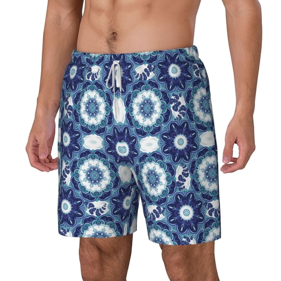 Goofa Vintage Blue Printed Men's Swim Trunks Board Shorts Quick Dry Mens Swimming Trunks with Compression Liner,Breathable Fit Hawaii Beach Shorts-Medium