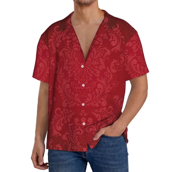 Goofa Vintage Burgundy Printed Men's Casual Short-sleeved Shirt,Lightweight Breathable Button-down,Summer Casual men's top,Versatile Fashion shirt-Medium