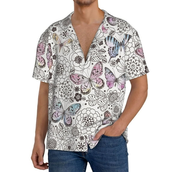 Goofa Vintage Butterflies Printed Men's Casual Short-sleeved Shirt,Lightweight Breathable Button-down,Summer Casual men's top,Versatile Fashion shirt-X-Large