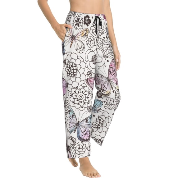 Goofa Vintage Butterflies Printed Soft Pajama Pants for Women, Wide Leg Comfy Casual Lounge Yoga Pants-Small