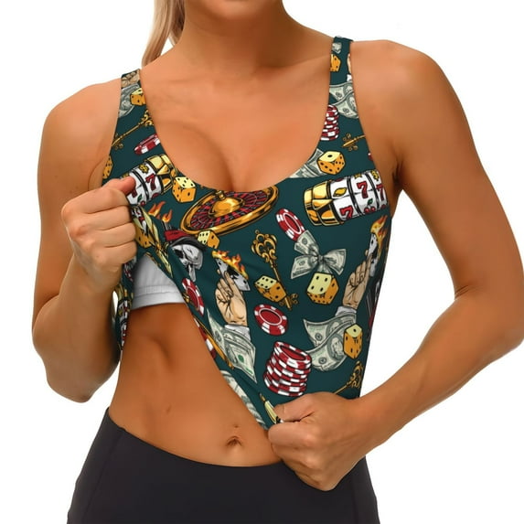 Goofa Vintage Casino Chips Printed Sports Bras for Women, High Impact Running Bra Workout Crop Tank Tops Longline Sports Bra Push up-XX-Large