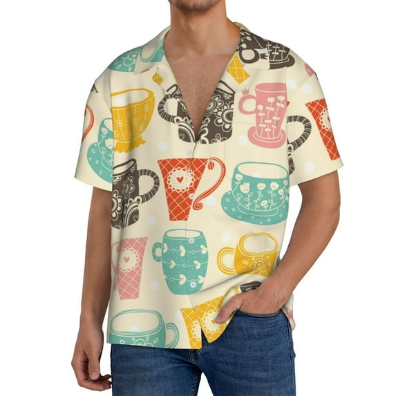 Goofa Vintage Cup Printed Men's Casual Short-sleeved Shirt,Lightweight Breathable Button-down,Summer Casual men's top,Versatile Fashion shirt-XX-Large