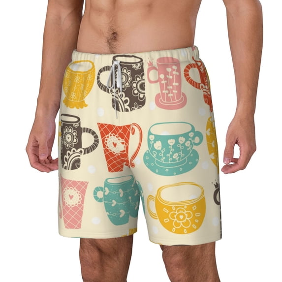 Goofa Vintage Cup Printed Men's Swim Trunks Board Shorts Quick Dry Mens Swimming Trunks with Compression Liner,Breathable Fit Hawaii Beach Shorts-3X-Large