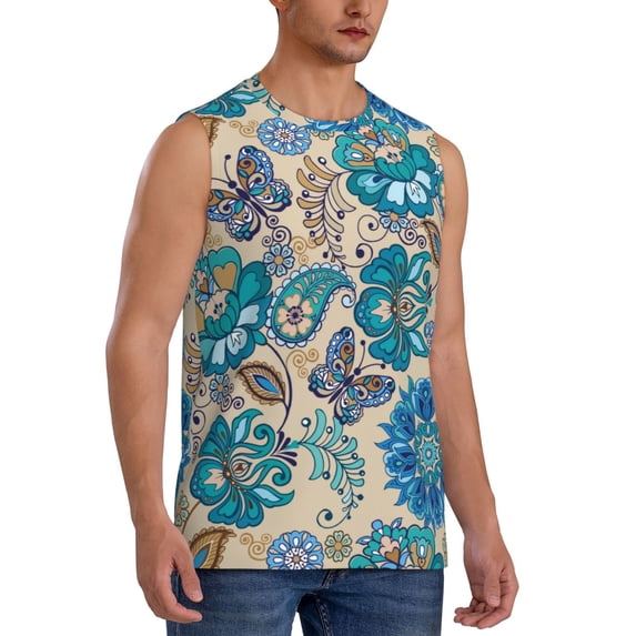 Goofa Vintage Floral Butterflies Printed Men's Sleeveless T-Shirt - Athletic Gym Workout Tank Top for Men - Moisture-Wicking, UPF 30+ Quick-Dry Muscle Tee-XX-Large