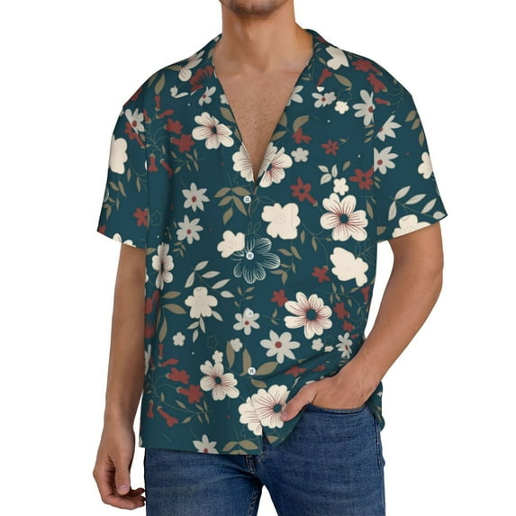 Goofa Vintage Floral Printed Men's Casual Short-sleeved Shirt,Lightweight Breathable Button-down,Summer Casual men's top,Versatile Fashion shirt-Large