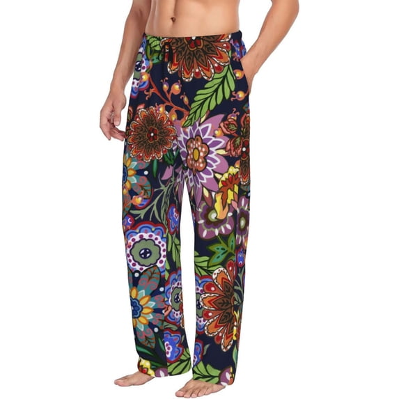Goofa Vintage Floral Printed Soft Pajama Pants for Men, Wide Leg Comfy Casual Lounge Yoga Pants-Large