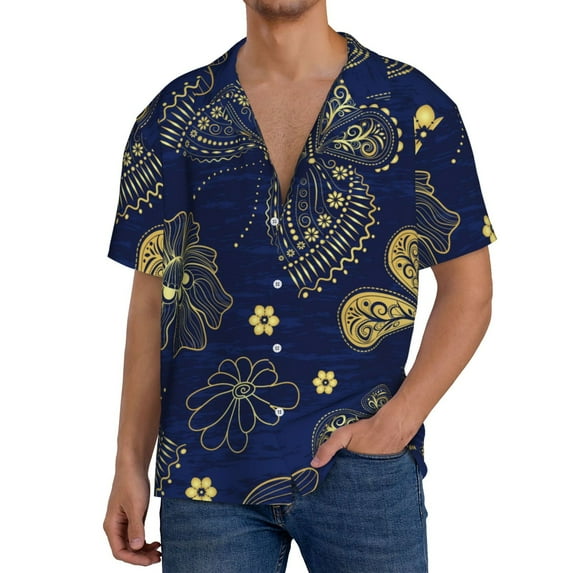 Goofa Vintage Golden Butterfly Printed Men's Casual Short-sleeved Shirt,Lightweight Breathable Button-down,Summer Casual men's top,Versatile Fashion shirt-Large