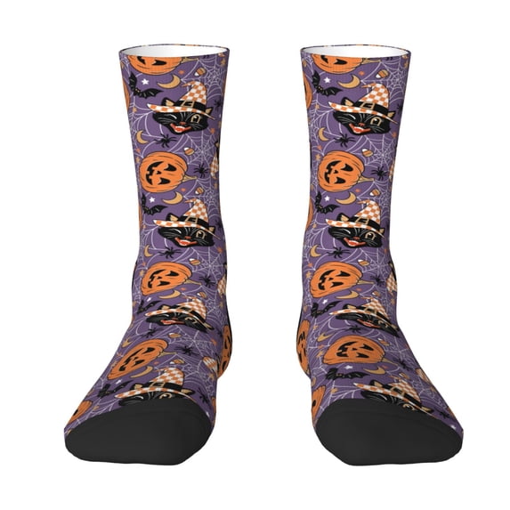 Goofa Vintage Halloween Black Cat Printed Men's Crew Socks, Soft Durable Breathable Moisture-Wicking with Odor Control Cotton socks