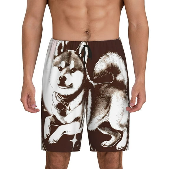 Goofa Vintage Husky Dog Pattern Men's Pajama Short Sleep Shorts Soft Comfortable Breathable Pajamas Shorts with Pockets-X-Large