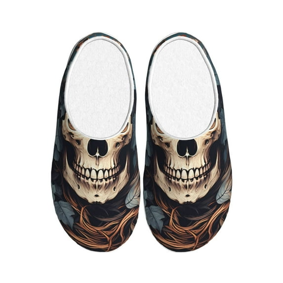Goofa Vintage Leaf Flower Skull Print Womens Mens Cotton Lightweight House Slippers , Washable Home Slippers,Indoor Comfy Bedroom Cozy Slippers-35/36