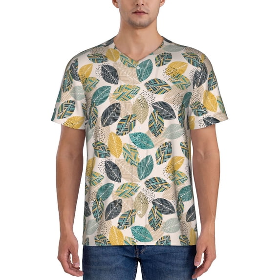 Goofa Vintage Leaves Pattern Mens Golf Shirt Baseball T-shirt Moisture Wicking Dry Fit Performance Sport Short Sleeve Striped Golf Polo Shirts-3X-Large