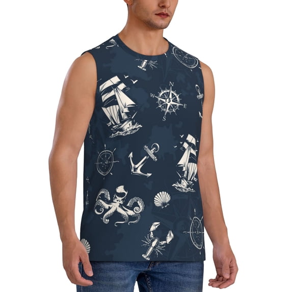 Goofa Vintage Marine Printed Men's Sleeveless T-Shirt - Athletic Gym Workout Tank Top for Men - Moisture-Wicking, UPF 30+ Quick-Dry Muscle Tee-X-Large