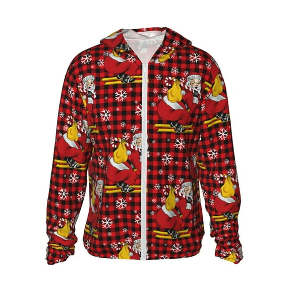 Goofa Vintage Santa Skiing Red Plaid Printed Women's UPF 50+ Sun Protection Hoodie Jacket Lightweight Long Sleeve Sun Shirt for Women with Pocket Hiking Outdoor-Medium