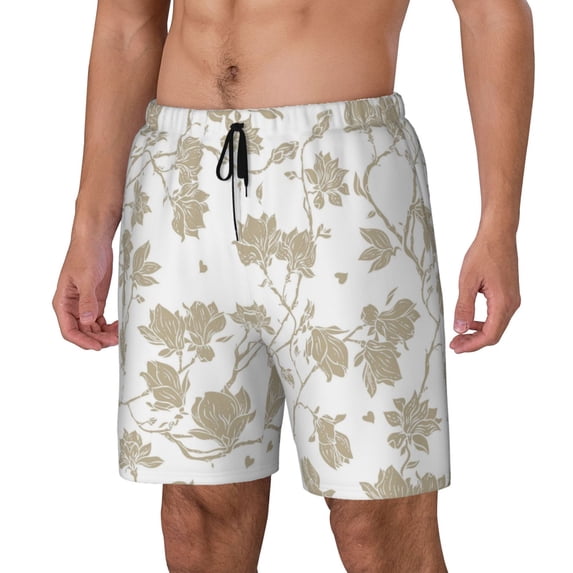 Goofa Vintage Stylized White Color Printed Men's Swim Trunks Board Shorts Quick Dry Mens Swimming Trunks with Compression Liner,Breathable Fit Hawaii Beach Shorts-Large