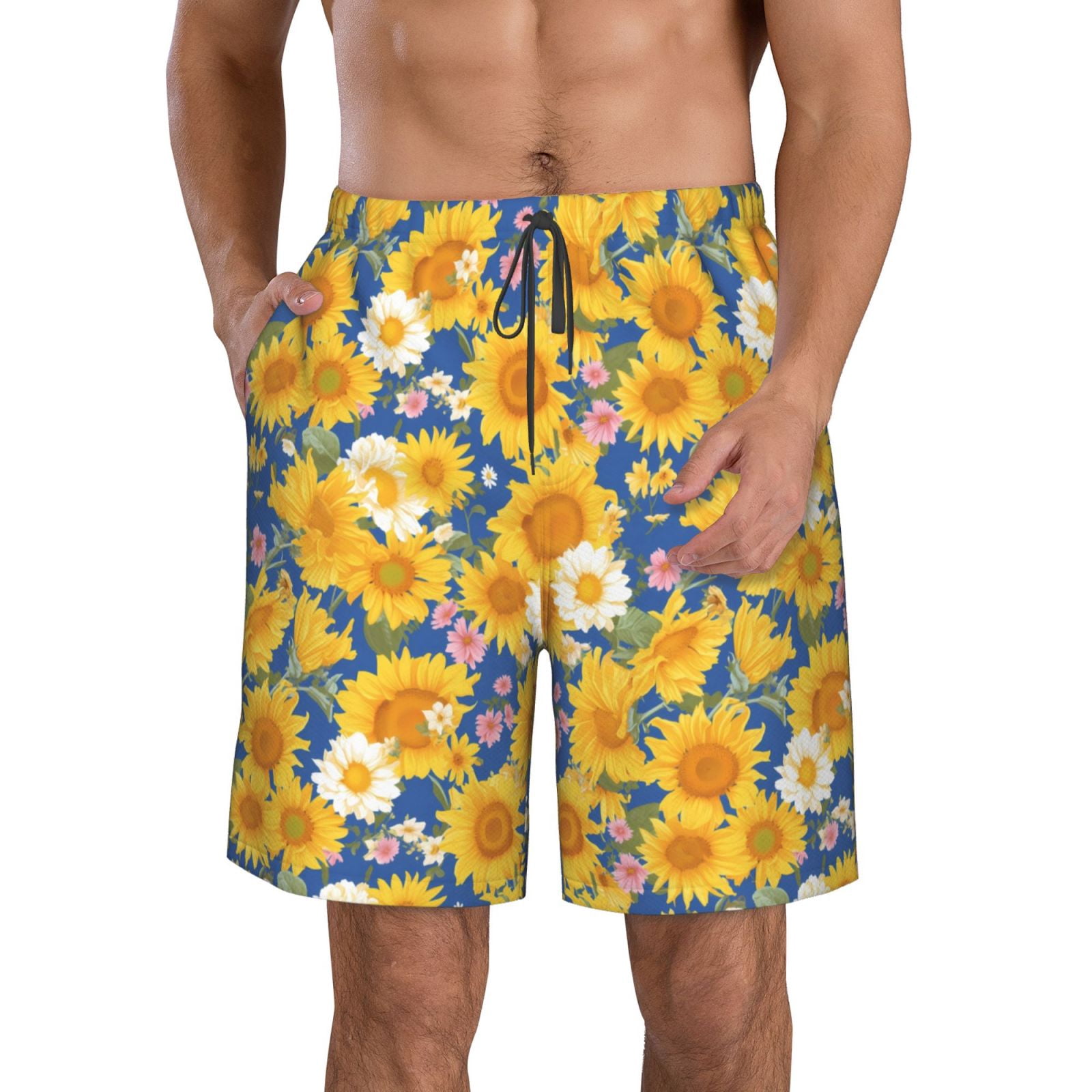 Goofa Vintage White Yellow Sunflower Printed Mens Swim Trunks Summer ...