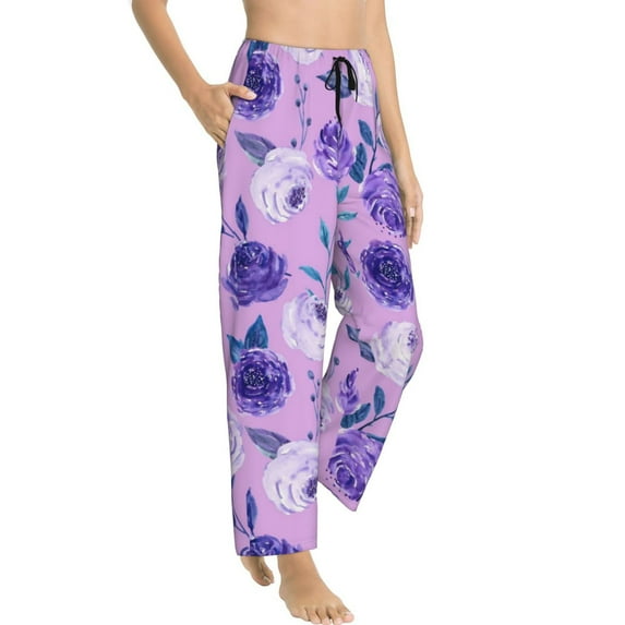 Goofa Violet Printed Soft Pajama Pants for Women, Wide Leg Comfy Casual Lounge Yoga Pants-Medium