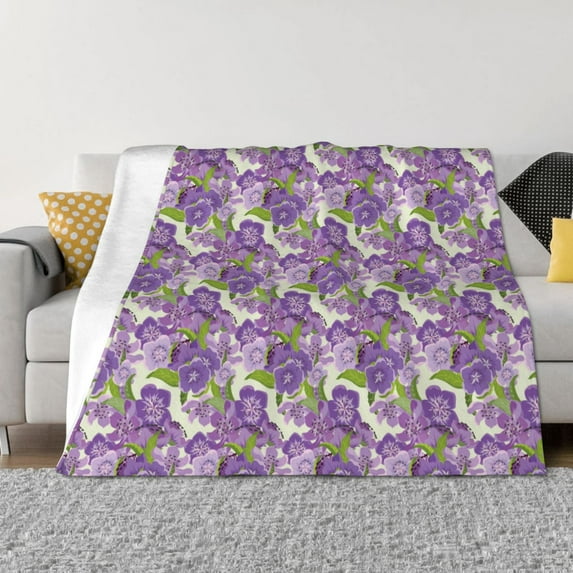 Goofa Violets Flowers Pattern Fleece Throw Blanket for Couch, Soft Checkered Flannel Blanket for Sofa, Warm Cozy Decorative Blanket Fall Decor Gift-