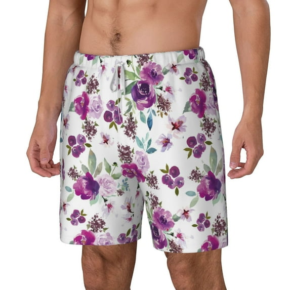 Goofa Violets Flowers Printed Men's Swim Trunks Board Shorts Quick Dry Mens Swimming Trunks with Compression Liner,Breathable Fit Hawaii Beach Shorts-Small