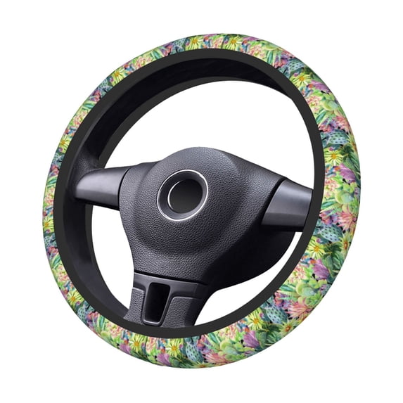 Goofa Watercolor Blooming Cactus Pattern Elastic Stretch Steering Wheel Cover,Universal 15 inch, Microfiber Breathable Ice Silk, Anti-Slip, Odorless, Easy Carry