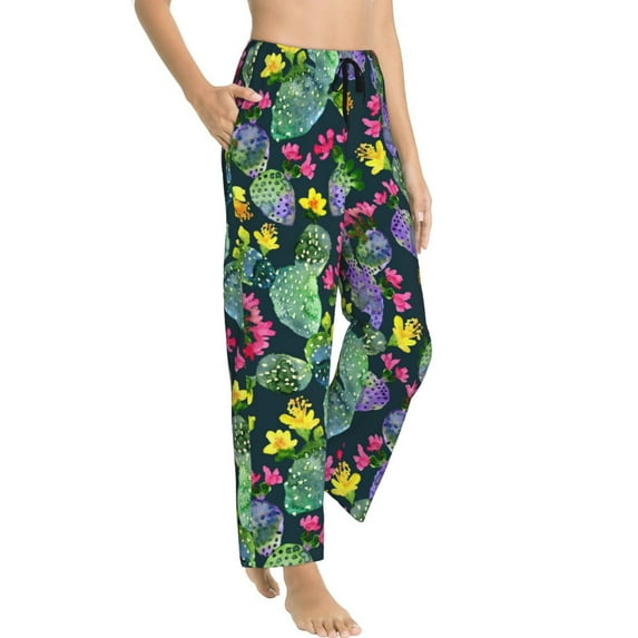 Goofa Watercolor Cactuses Printed Soft Pajama Pants for Women, Wide Leg Comfy Casual Lounge Yoga Pants-Medium