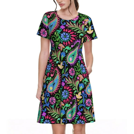 Goofa Watercolor Floral Paisley Pattern Women Summer Short Sleeve Midi Dress with Pockets Casual Aline Flowy Tshirt Dress Vocation Beach Sundress