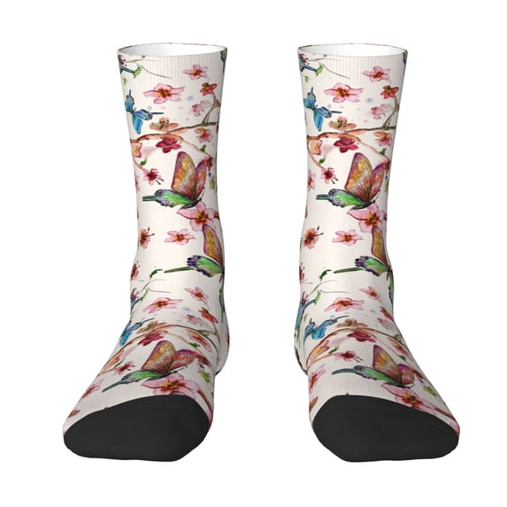 Goofa Watercolor Floral With Butterflies Printed Men's Crew Socks, Soft Durable Breathable Moisture-Wicking with Odor Control Cotton socks