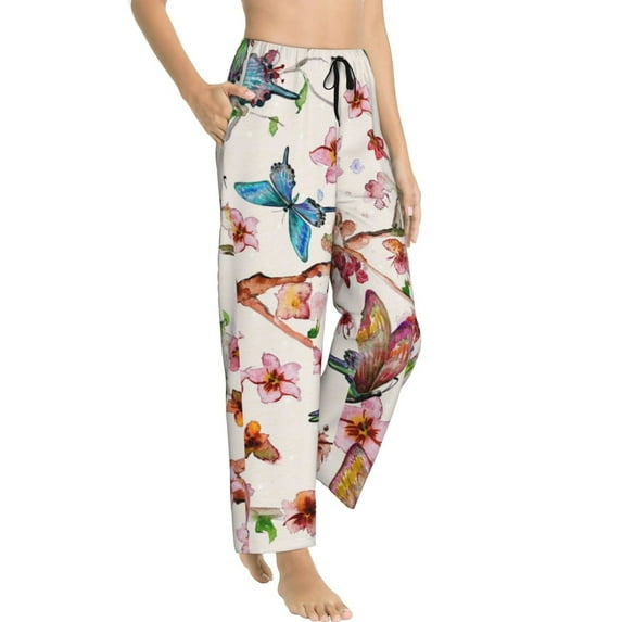 Goofa Watercolor Floral With Butterflies Printed Soft Pajama Pants for Women, Wide Leg Comfy Casual Lounge Yoga Pants-XX-Large