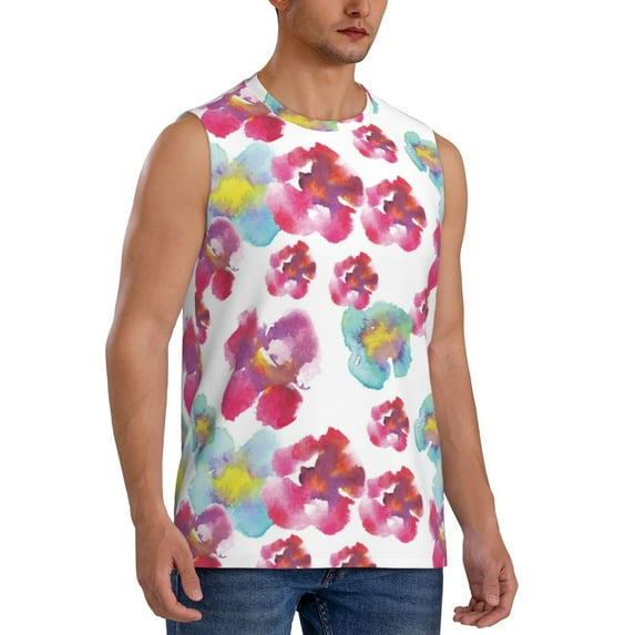 Goofa Watercolor Flowers Printed Men's Sleeveless T-Shirt - Athletic Gym Workout Tank Top for Men - Moisture-Wicking, UPF 30+ Quick-Dry Muscle Tee-XX-Large