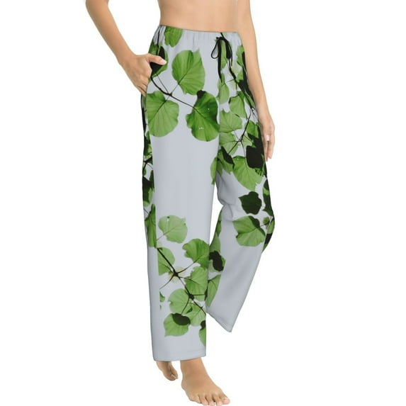 Goofa Watercolor Green Leaves Printed Soft Pajama Pants for Women, Wide Leg Comfy Casual Lounge Yoga Pants-XX-Large