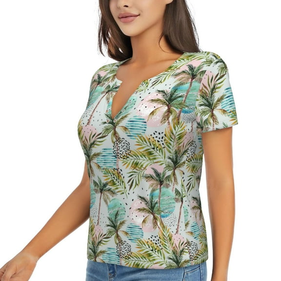 Goofa Watercolor Palm Tree Pattern Womens Deep V Neck Low Cut Tops Casual Summer Short Sleeve Ribbed Knit T-Shirts-Small