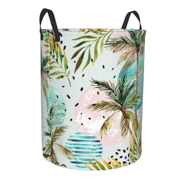 Goofa Watercolor Palm Tree Printed Circular Hamper,Laundry Basket with Handles,Storage Baskets Foldable,Large Capacity Laundry Hamper-Medium