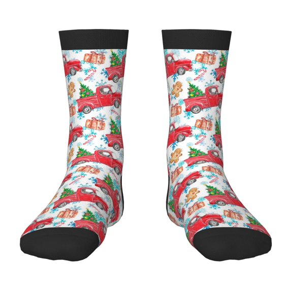 Goofa Watercolor Red Truck And Fir Tree Pattern Children's Crew Socks, Kids' Daily Wear and Sports Socks, Breathable Socks, Sports Socks, Moisture-Wicking Socks for Children