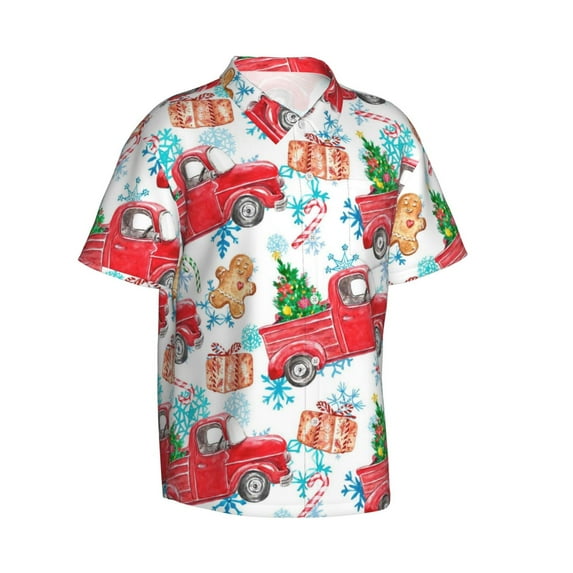 Goofa Watercolor Red Truck And Fir Tree Hawaiian Shirt for Men, Unisex Summer Beach Casual Short Sleeve Button Down Shirts,Aloha Tropical Floral print shirt-
