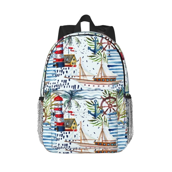 Goofa Watercolor Sailboat Pattern Lightweight Student Backpack for School, Water-Resistant, Adjustable Straps, Fits 15" Laptop, Multiple Pockets for Books, Accessories