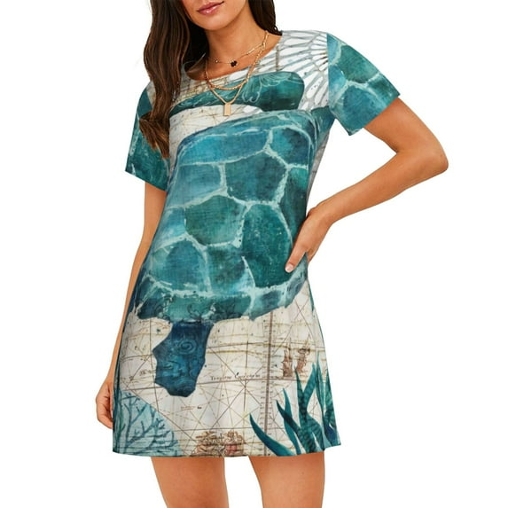Goofa Watercolor Sea Turtle Print Women’s Cotton Nightdress – Short-Sleeved Sleep Dress, Casual Loose-Fit Lounge Wear, Comfortable and Stylish Sleepwear for Women