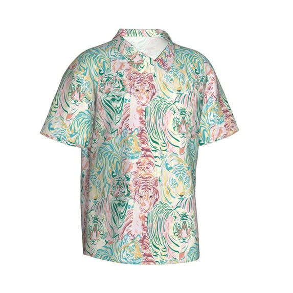 Goofa Watercolor Tiger Hawaiian Shirt for Men, Unisex Summer Beach Casual Short Sleeve Button Down Shirts,Aloha Tropical Floral print shirt-XX-Large