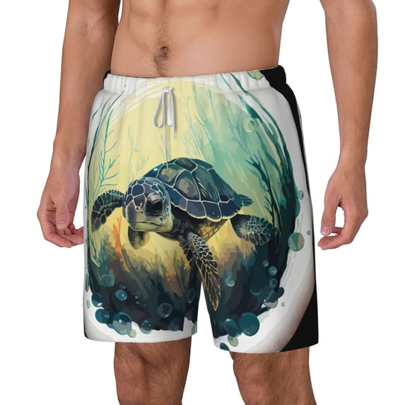 Goofa Watercolor Turtle3 Printed Men's Swim Trunks Board Shorts Quick Dry Mens Swimming Trunks with Compression Liner,Breathable Fit Hawaii Beach Shorts-Large