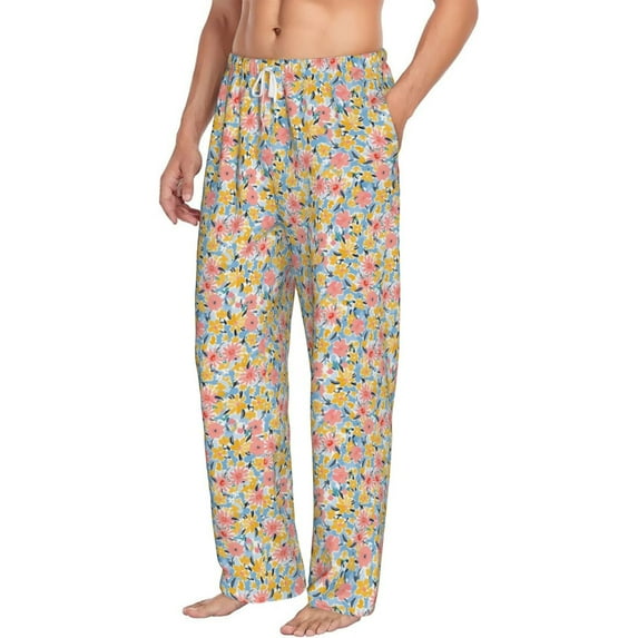 Goofa Watercolor Wildflowers Printed Soft Pajama Pants for Men, Wide Leg Comfy Casual Lounge Yoga Pants-Large