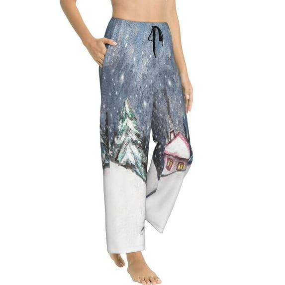 Goofa Watercolor Winter Landscape For Christmas Printed Soft Pajama Pants for Women, Wide Leg Comfy Casual Lounge Yoga Pants-Medium