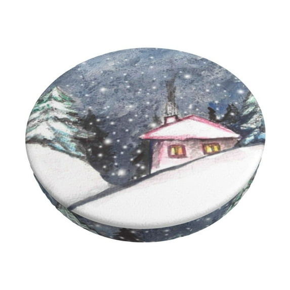 Goofa Watercolor Winter Landscape For Christmas Printed Stool Covers Round, Waterproof Round Bar Stool Covers Anti-Slip Round Bar Stool Seat Cover with Elastic Bands Durable -13 inch