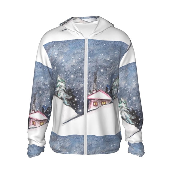 Goofa Watercolor Winter Landscape For Christmas Printed Women's UPF 50+ Sun Protection Hoodie Jacket Lightweight Long Sleeve Sun Shirt for Women with Pocket Hiking Outdoor-Medium