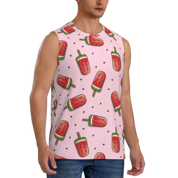 Goofa Watermelon Ice Cream Printed Men's Sleeveless T-Shirt - Athletic Gym Workout Tank Top for Men - Moisture-Wicking, UPF 30+ Quick-Dry Muscle Tee-X-Large