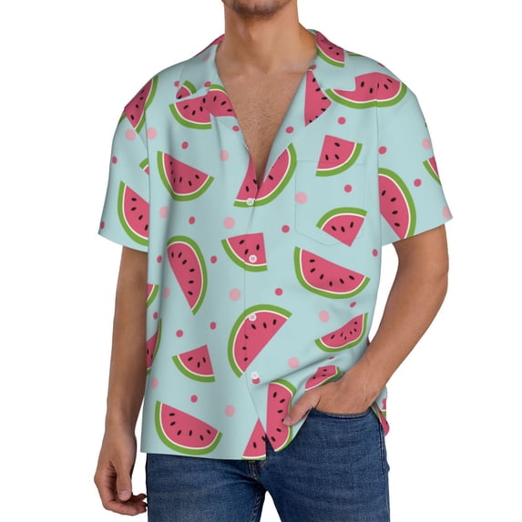 Goofa Watermelon Printed Men's Casual Short-sleeved Shirt,Lightweight Breathable Button-down,Summer Casual men's top,Versatile Fashion shirt-Large