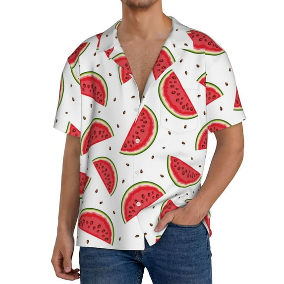 Goofa Watermelon Printed Men's Casual Short-sleeved Shirt,Lightweight Breathable Button-down,Summer Casual men's top,Versatile Fashion shirt-Medium