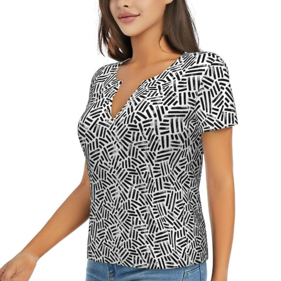 Goofa Weave Geometric Pattern Womens Deep V Neck Low Cut Tops Casual Summer Short Sleeve Ribbed Knit T-Shirts-Large