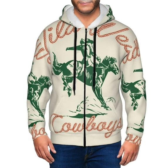 Goofa West Cowboys Pattern Mens Full-zip Hoodie, Zip-up Pullover Hooded Sweatshirt, Kangaroo Pocket Hoodie Ideal for Daily Wear, Travel, and Home-Large