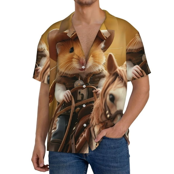 Goofa Western Cowboy Guinea Pig Printed Men's Casual Short-sleeved Shirt,Lightweight Breathable Button-down,Summer Casual men's top,Versatile Fashion shirt-Small