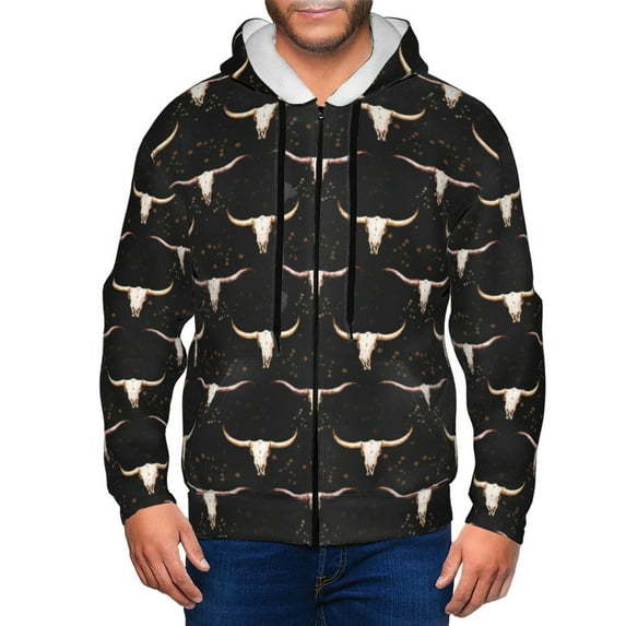 Goofa Western Cowboy Pattern Mens Full-zip Hoodie, Zip-up Pullover Hooded Sweatshirt, Kangaroo Pocket Hoodie Ideal for Daily Wear, Travel, and Home-3X-Large