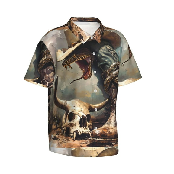 Goofa Western Cowboy Snake Ram Skull Hawaiian Shirt for Men, Unisex Summer Beach Casual Short Sleeve Button Down Shirts,Aloha Tropical Floral print shirt-Small